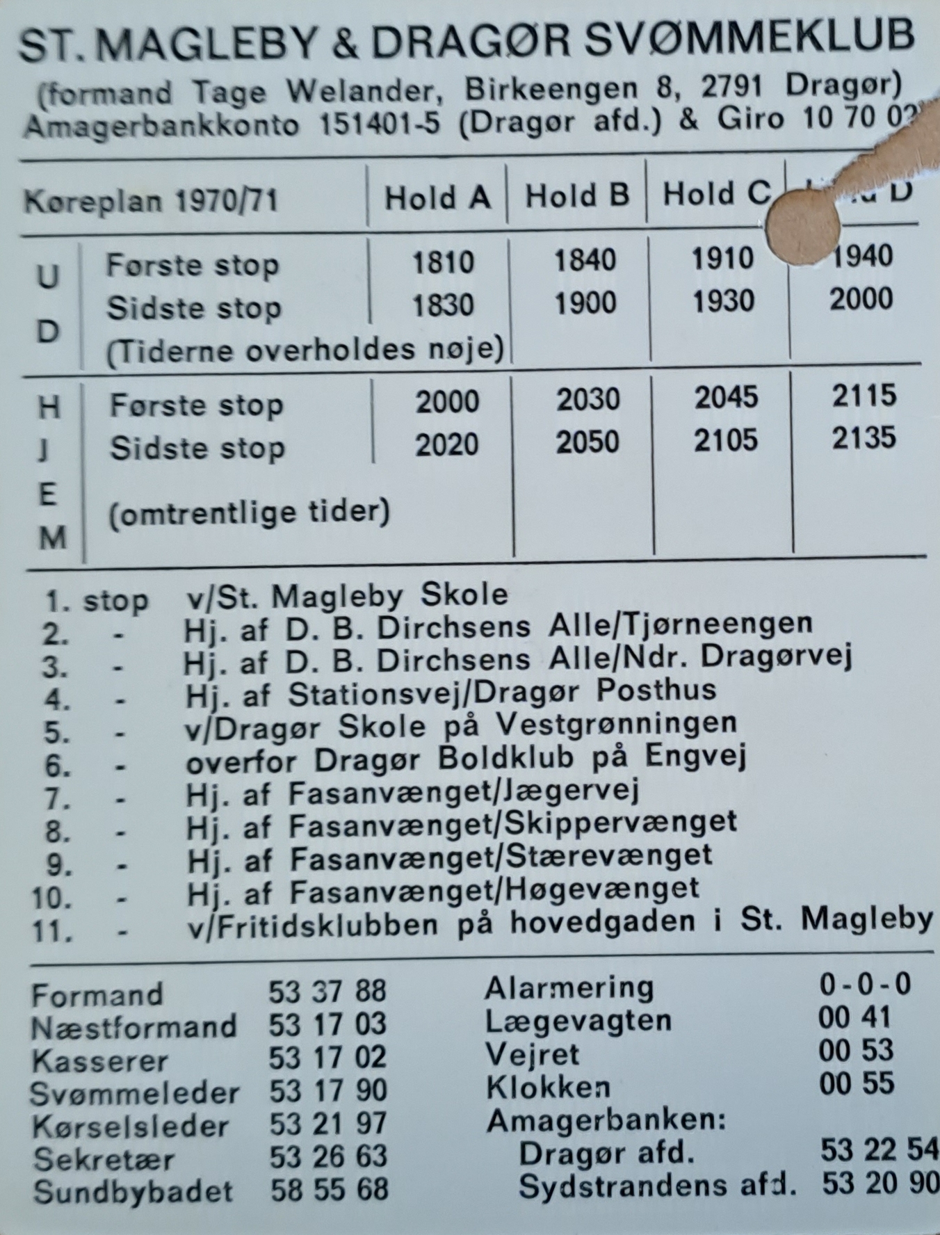 Busplan i visitkortstørrelse sponseret af Amagerbanken, som alle medlemmer fik udleveret. (Dragør Lokalarkiv)